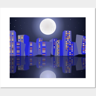 Cityscape under full moon light Posters and Art